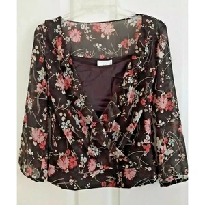 Faux Wickel Top Bluse Frühling Rüschen Small 4 Blumen Cropped Wickel sexy braun - Bild 1 von 8
