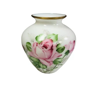 Vintage 40s DeLuxe Inc USA Signed Hand Painted Floral Vase Milk Glass - Picture 1 of 9