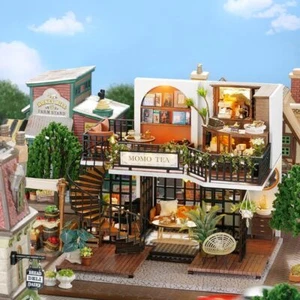 Miniature Dollhouse Kit With Furniture LED DIY Wooden Cafe Room Building Set Toy - Picture 1 of 28