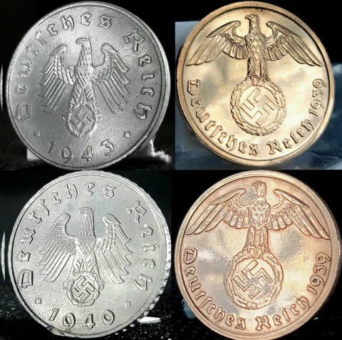 **4 Coin Collection** Third Reich Germany Genuine WW2-Era Reichspfennig Coins Cover