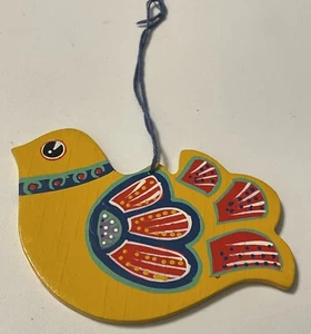 Christmas Ornament Retro Style Yellow & Multicolored Wood Bird - Picture 1 of 6