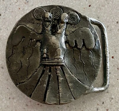 Vtg Eagle Belt Buckle Tribal Art Totem Artisan Silver Tone Round Firebird - Image 1 of 4