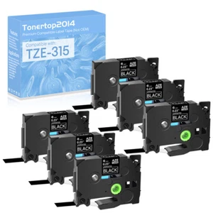 6PK 6mm White on Black Label Tape For Brother TZ 315 TZe-315 PT-9400 7600 7500 - Picture 1 of 8