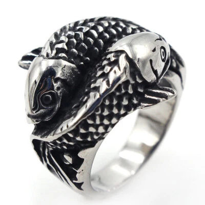 Anel tribal Lucky Fish duplo carpa koi aço inoxidável masculino feminino motociclista punk anel - Imagem 1 de 4