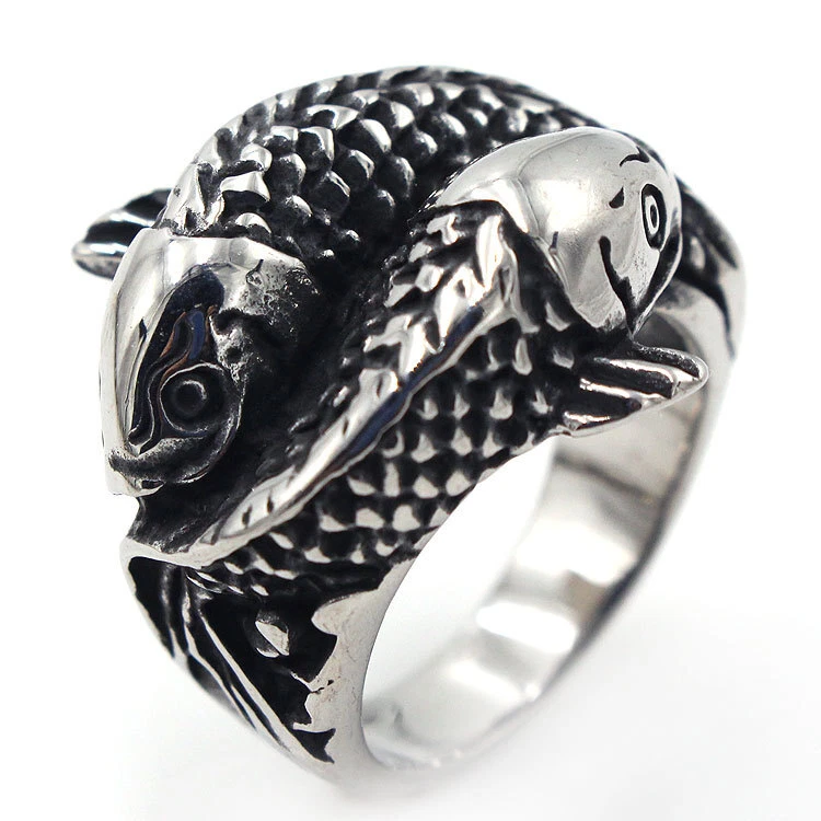 Tribal Lucky Fish Double Koi Carp Ring Stainless Steel Men Women Biker Punk Ring - Image 1 of 1