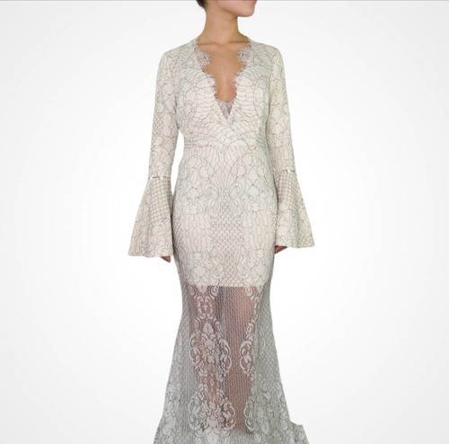 OFF WHITE Maxi abito Blithe Off bianco pizzo floreale con maniche svolazzanti medio