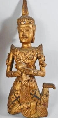Antique Thai or Burmese Carved & Gilt Wood BUDDHIST Temple Guardian Figure 45cm - Image 1 of 4