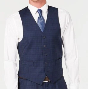 Michael Kors Men Blue 5-Button Wool Plaid Dress Suit Waistcoat Vest Size 39R - Picture 1 of 2