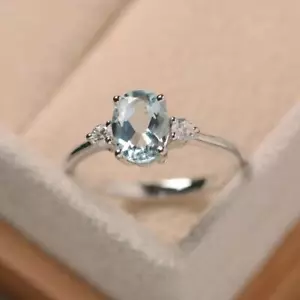 Genuine Lab Created Blue Aquamarine Silver Wedding Ring Birthday Gift Blue Stone - Picture 1 of 3