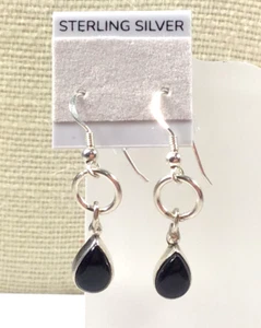 Orecchini argento sterling 925 pietra onice nera pendente anello goccia traforata lotto 13 - Foto 1 di 3