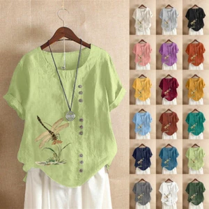 Womens Summer Cotton Blouse Tops Dragonfly Short Sleeve Loose T Shirts Plus Size - Picture 1 of 36
