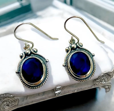 PENDIENTES DE PLATA DE LEY 925 ZAFIRO SIMULADO AZUL REAL ESTILO VINTAGE 1813 Foto 1 de 3