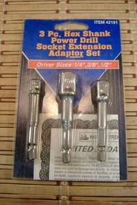 SOCKET EXTENSION POWER DRILL ADAPTOR 3 PC. SET 1/4", 3/8" & 1/2" HEX SHANK NEW - Picture 1 of 3