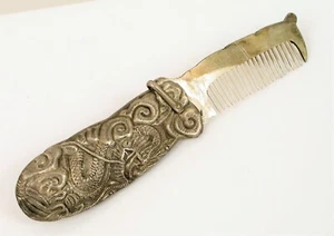 ANTIQUE CHINESE QING DYNASTY ORNATE SILVER DRAGON REPOUSSE HAIR COMB ACCESSORY - Picture 1 of 3