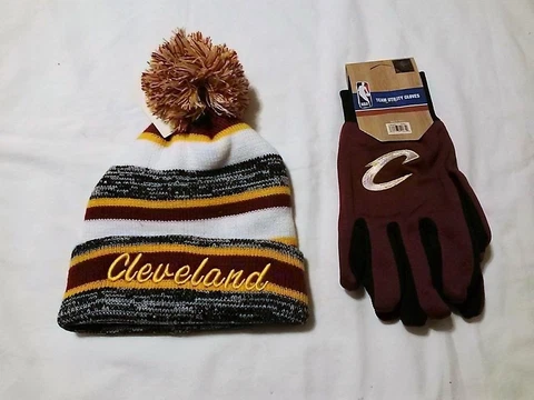 CLEVELAND CAVALIERS GLOVES & TEAM COLORED CUFFED POM BEANIE HAT 2 PC SET Cover
