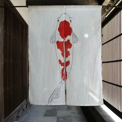 Japanese Traditional Handmade Crinkled Linen Noren Curtain - Koi Fish Fortune - Image 1 of 4