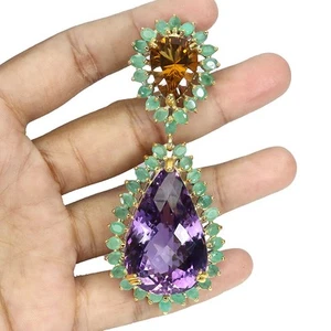 925 Sterling Silver Pendant Pear Amethyst 95ct Citrine Handmade Gemstone Jewelry - Picture 1 of 13