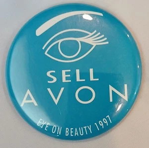 SELL AVON, EYE ON BEAUTY 1997, 3" Diameter, PIN BACK BUTTON. MINT. White on Blue - Picture 1 of 2