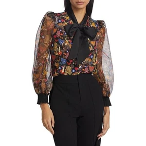 Blusa Alice + Olivia para mujer Brentley seda mal de ojo etéreo cuello lazado nueva sin etiquetas - Imagen 1 de 16
