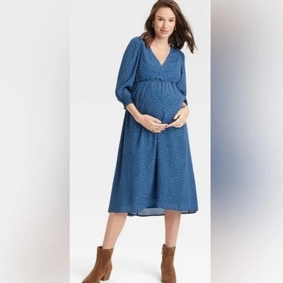 The Nines By Hatch Maternity Floral Midi Dress Ditsy Ruffles Lined Blue Size M - Image 1 of 4