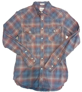 Fossil 54 Western Shirt Mens Small Blue Orange Plaid Long Sleeve Pearl Snap - Picture 1 of 5
