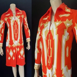 Vibrante Vestido Camisa Vera Neumann Abstracto Naranja, Blanco, Tostado Años 60, 70, Pequeño - Imagen 1 de 9