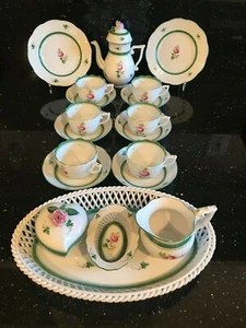 21 PIECE HEREND HUNGARY DEMITASSE COFFEE SET PINK ROSE PATTERN - Picture 1 of 12