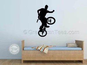BMX Wall Sticker, Stunt Trick Rider Boys Childrens Bedroom Wall Vinyl Decal - Picture 1 of 10