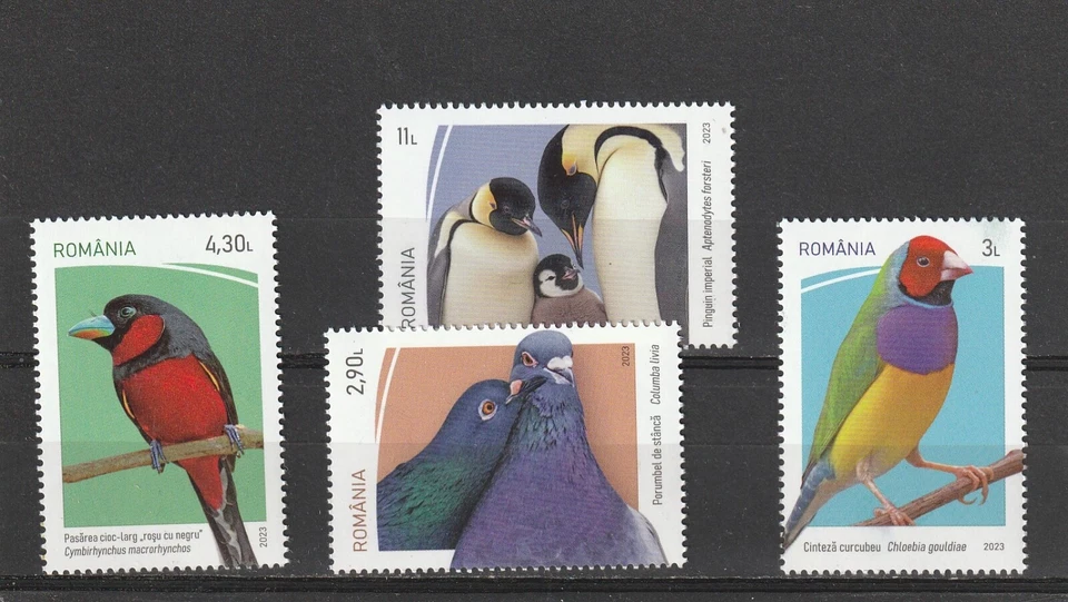 JUEGO DE SELLOS RUMANIA 2023 PÁJAROS LORO PALOMA PINGÜINO MNH Foto 1 de 1