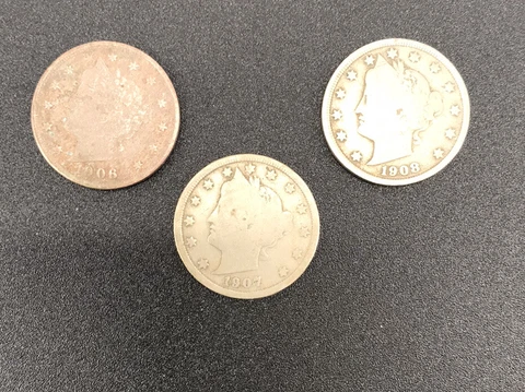 1906, 1907, 1908 Liberty Head V Nickel Lot of 3 - 5 Cent Coin Currency Vintage Cover