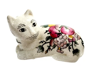 Ceramic Kitty Cat Figure Statue Faux Crackle Finish and Painted Fruits & Flowers - Picture 1 of 11