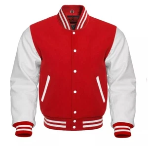 Men Red Wool Varsity Bomber Letterman Jacket & White Leather Sleeves Jacket - Picture 1 of 3