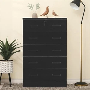 Pemberly Row Contemporary 5-Drawer Engineered Wood Chest with Lock in Black - Picture 1 of 14