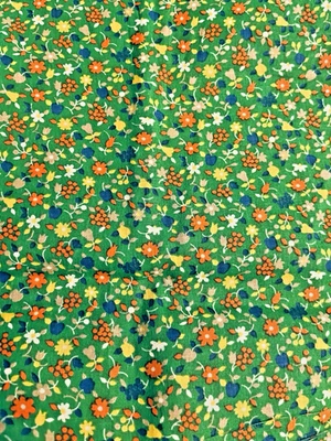 VTG  Ditzy CALICO Blue Orange Yellow & White Florals on Green Cottagecore BTFQ - Image 1 of 4