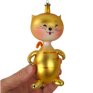 Vintage MCM Striped Cat Ornament | De Carlini Italian Hand-Blown Glass | Gold - Picture 1 of 8