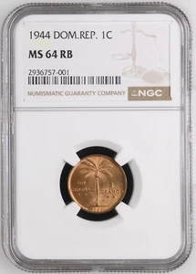 1944 Dominican Rep. 1 Cent palmita NGC MS64 RB Coin Scarce In This Grade - Picture 1 of 2