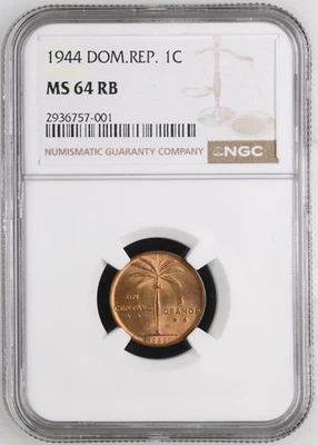 1944 Dominican Rep. 1 Cent palmita NGC MS64 RB Coin Scarce In This Grade - Image 1 of 2