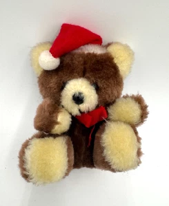 Rare VTG Russ Berrie Brown Teddy Bear Red Bow Stuffed Animal Christmas Hat 5” - Picture 1 of 7