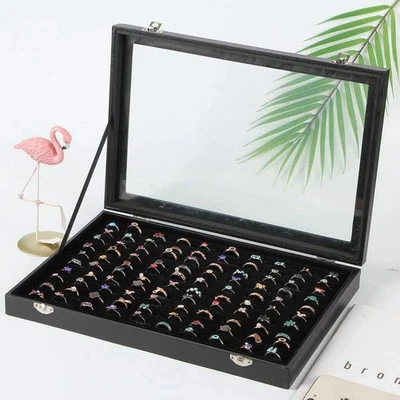 Caja Organizadora Vitrina Anillo con Tapa Transparente, Bandeja, Negra  Foto 1 de 4