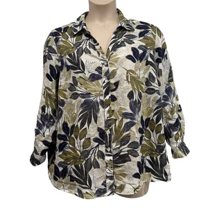 Tahari 100% Linen Long Roll Tab Sleeve Button Down Shirt 1X Blue Green Leaf - Picture 1 of 9