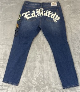 Y2K Vintage Ed Hardy Jeans Mens Black Panther Snake 38x30 Embroidered - Picture 1 of 12