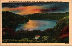 Postal de lino Mountain Lake por Moonlight PEMBROKE, Virginia VA vista nocturna - Imagen 1 de 2