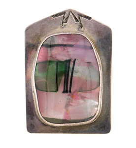Signed Handcrafted Artisan 925 Sterling Silver Pink Green Glass Brooch Pendant - Picture 1 of 12