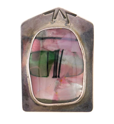 Broche colgante de vidrio verde rosa de plata de ley 925 artesanal firmado Foto 1 de 4