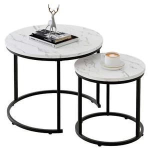 Round Nesting Coffee Table Set of 2 - White Faux Marble Tables for Living Room - Picture 1 of 11
