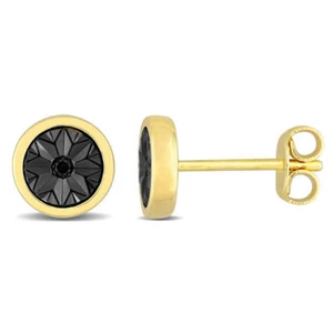 AMOUR Black Diamond Accent Circle Men's Stud Earrings In Yellow Plated Sterling - Picture 1 of 3
