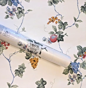 Vintage York Wallpaper Sealed Double Roll 56 Sq Ft Plus! Fruit Vines Apple Grape - Picture 1 of 16