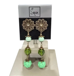Sequin Women's Flower Green Brass Long Statement Earrings NWT - Picture 1 of 3