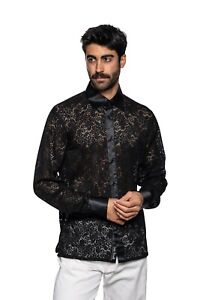 2200$ LUXURY ITALO FERRETTI Perforated Embroidered Shirt Silk Black L BIJAN