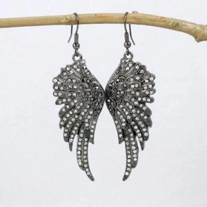 Angel Wing Gunmetal Earrings made with Swarovski Crystal Jet Black Clear - Picture 1 of 4